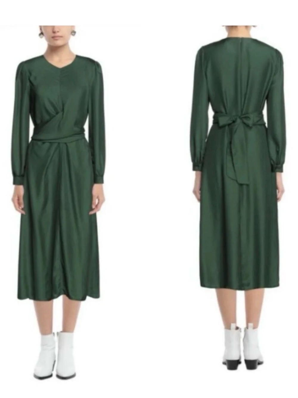 FRNCH Dark Green Satin Tie-Waist Midi Dress